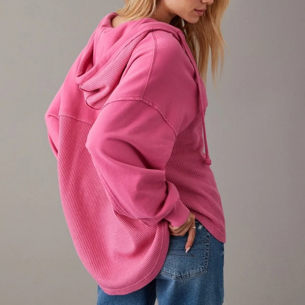 American Eagle Pink Big Hug Hooded Waffle Shacket - Picture 2 of 5